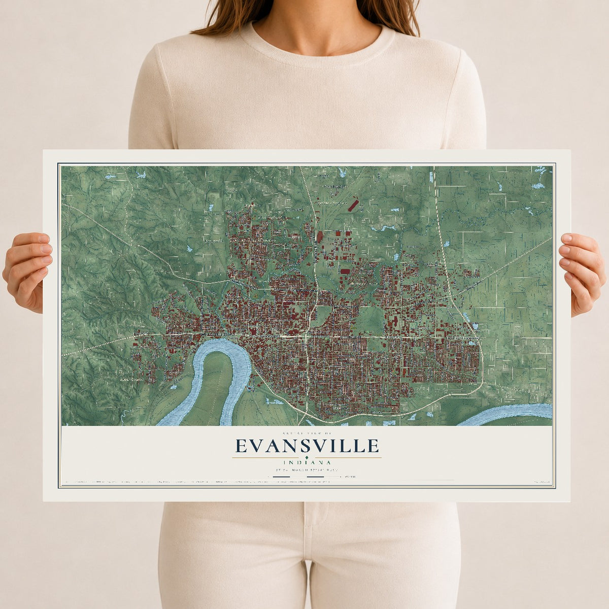 Map of Evansville, Indiana, 12 x 18 inch unframed archival matte print