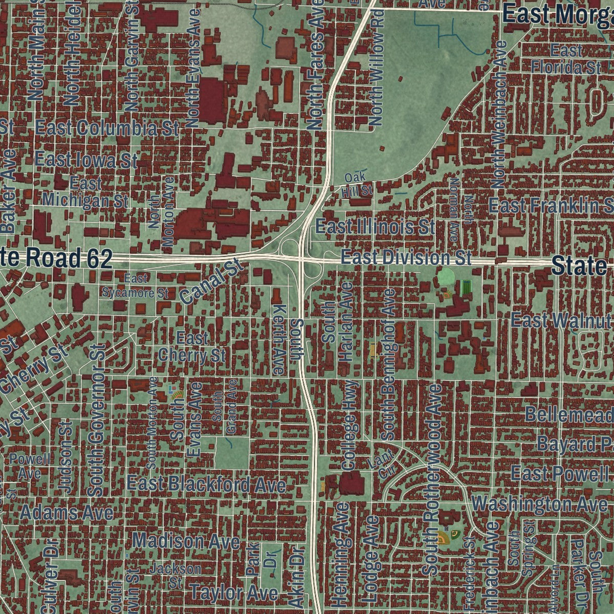 Close-up of the map of Evansville, Indiana print showing street and building detail