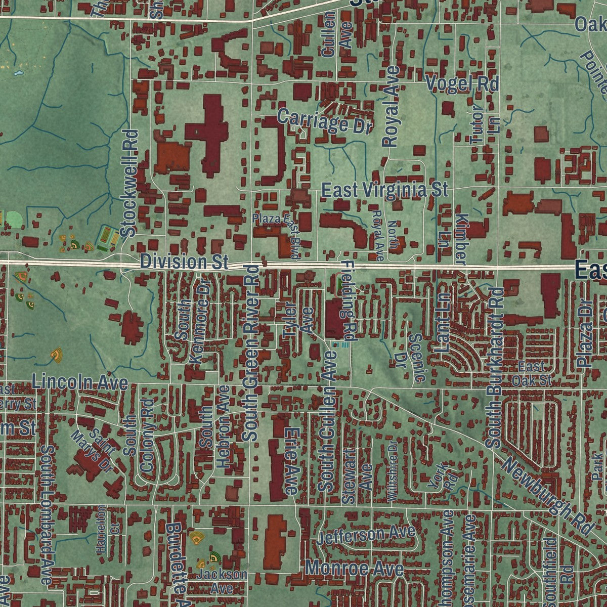Second close-up of the map of Evansville, Indiana print showing more streets and buildings