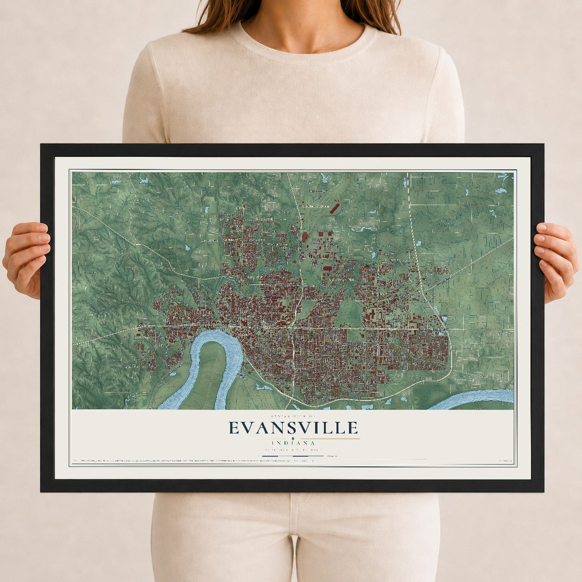 Map of Evansville, Indiana, 12 x 18 inch print in a black wood frame