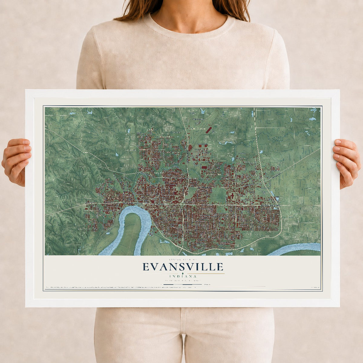 Map of Evansville, Indiana, 12 x 18 inch print in a white wood frame