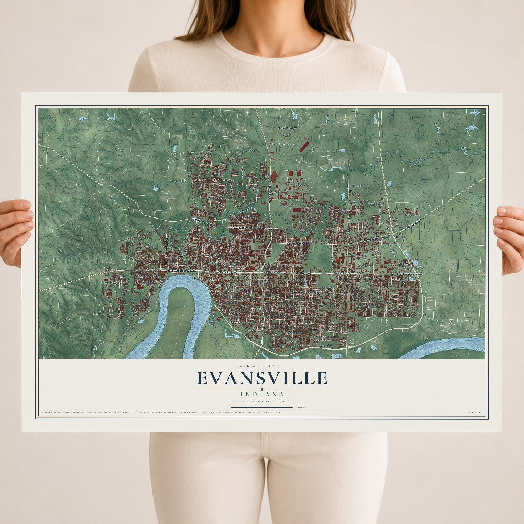 Map of Evansville, Indiana, 18 x 24 inch unframed archival matte print