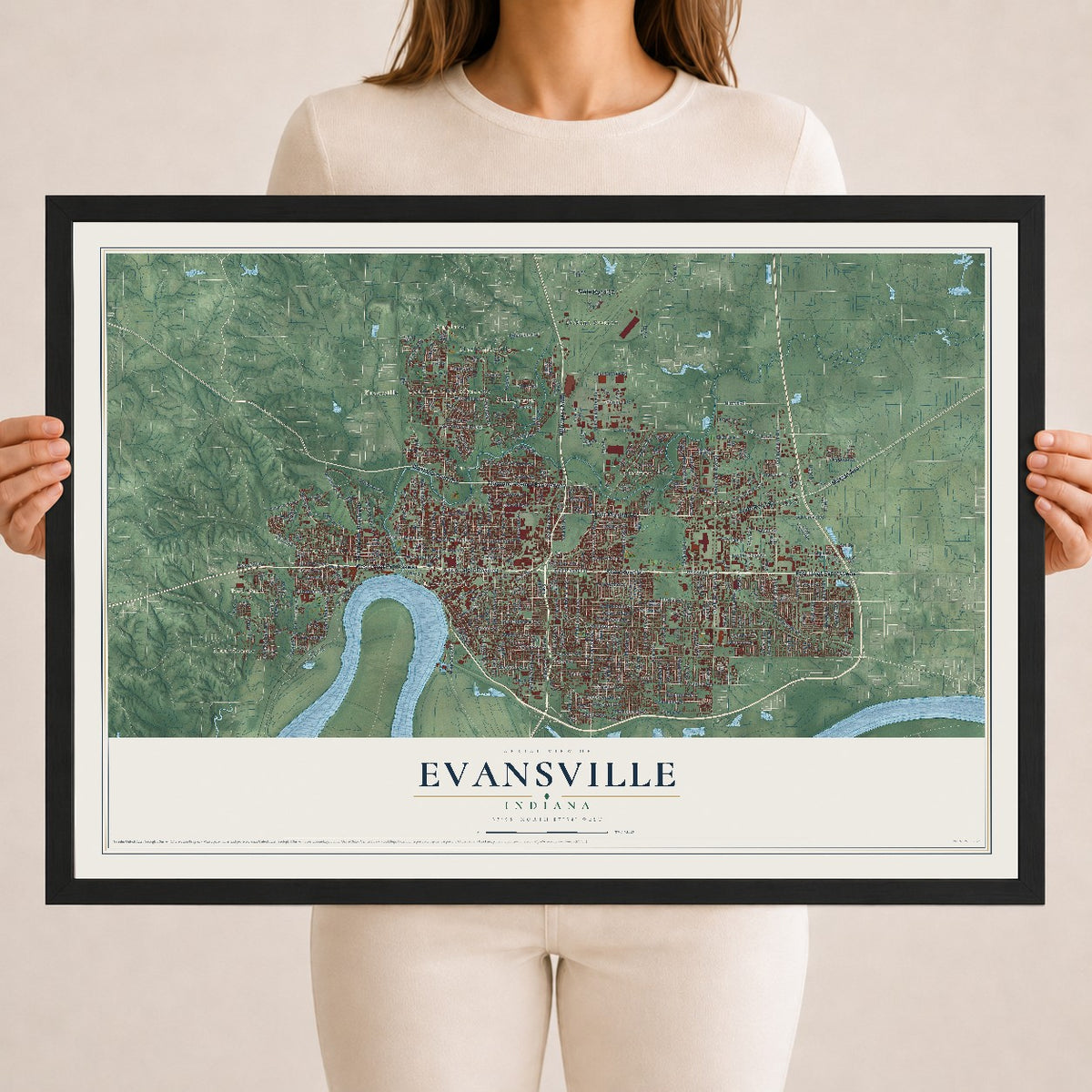 Map of Evansville, Indiana, 18 x 24 inch print in a black wood frame