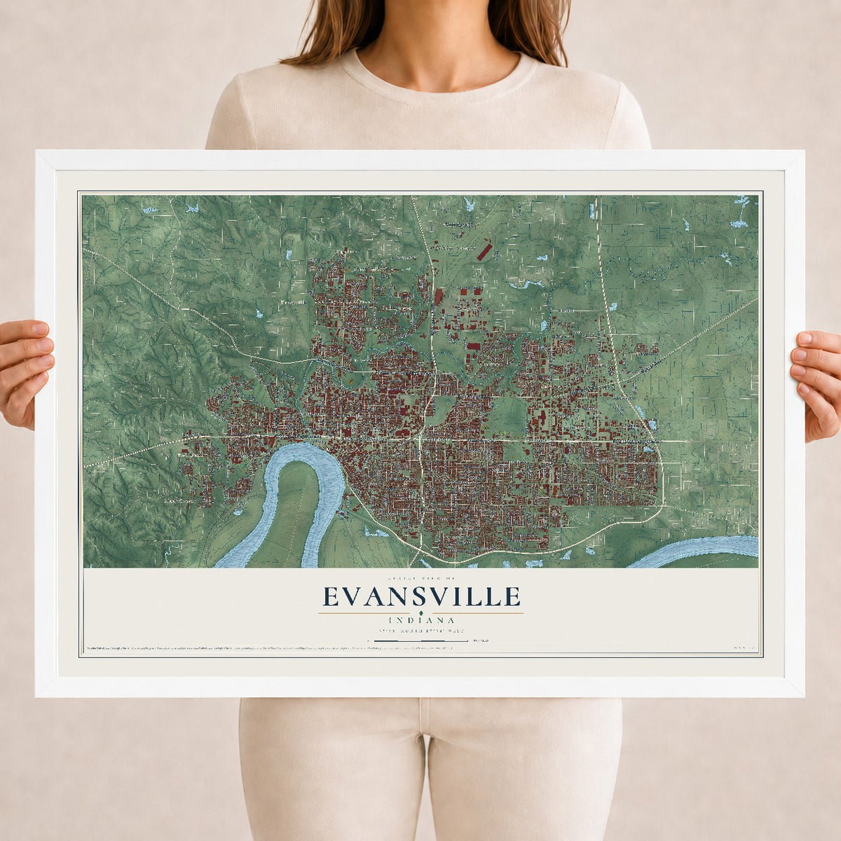 Map of Evansville, Indiana, 18 x 24 inch print in a white wood frame