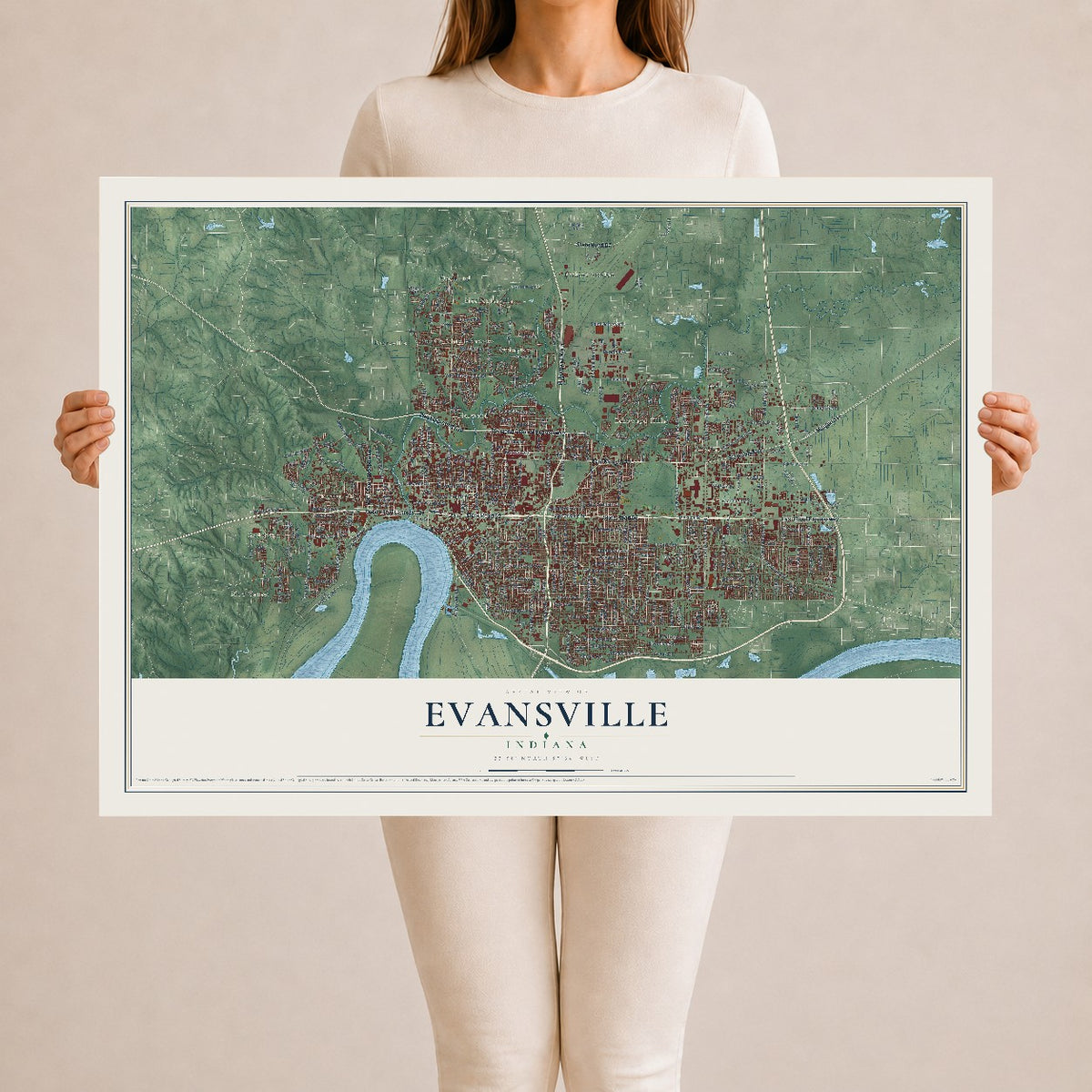 Map of Evansville, Indiana, 24 x 36 inch unframed archival matte print