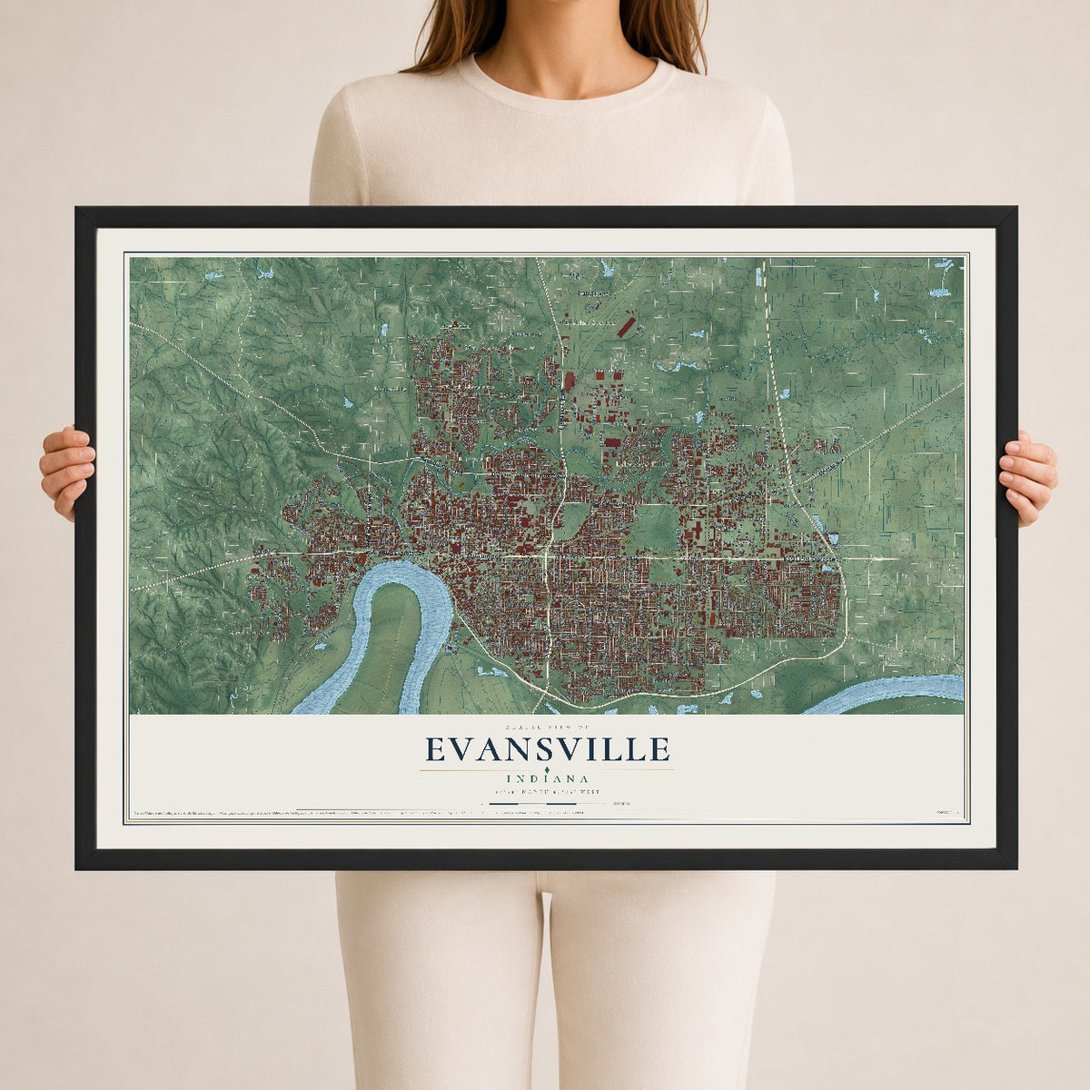 Map of Evansville, Indiana, 24 x 36 inch print in a black wood frame