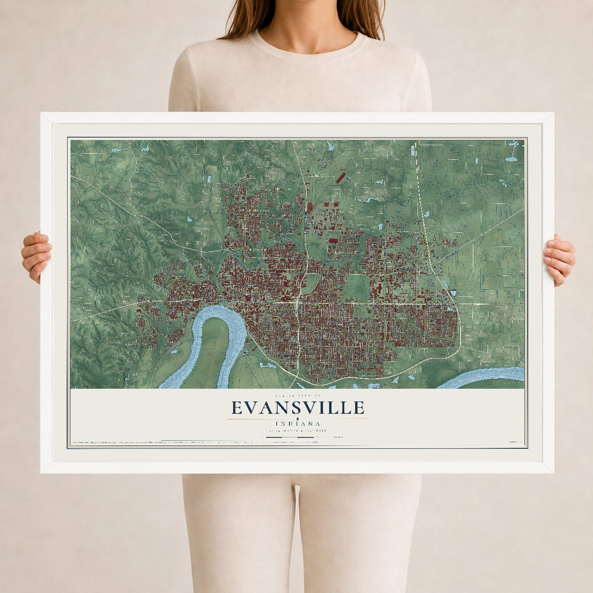 Map of Evansville, Indiana, 24 x 36 inch print in a white wood frame