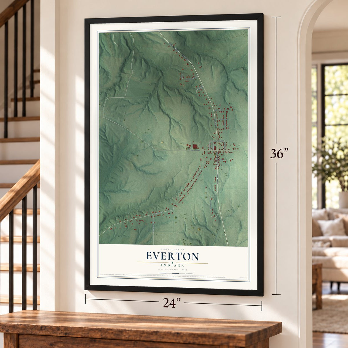 Everton, Indiana map, 24 x 36 inch print in a black frame by a staircase