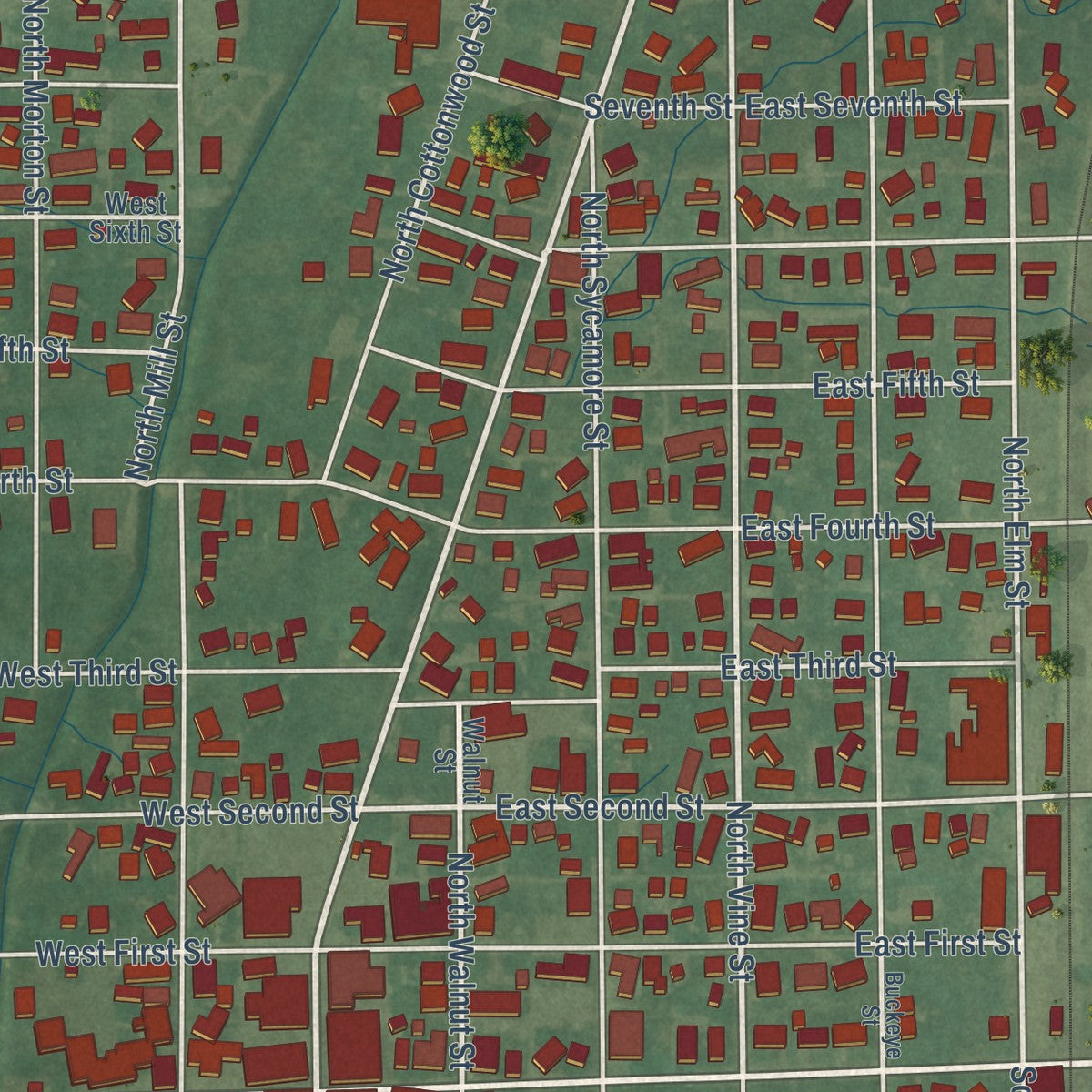 Close-up of the map of Fairmount, Indiana print showing street and building detail