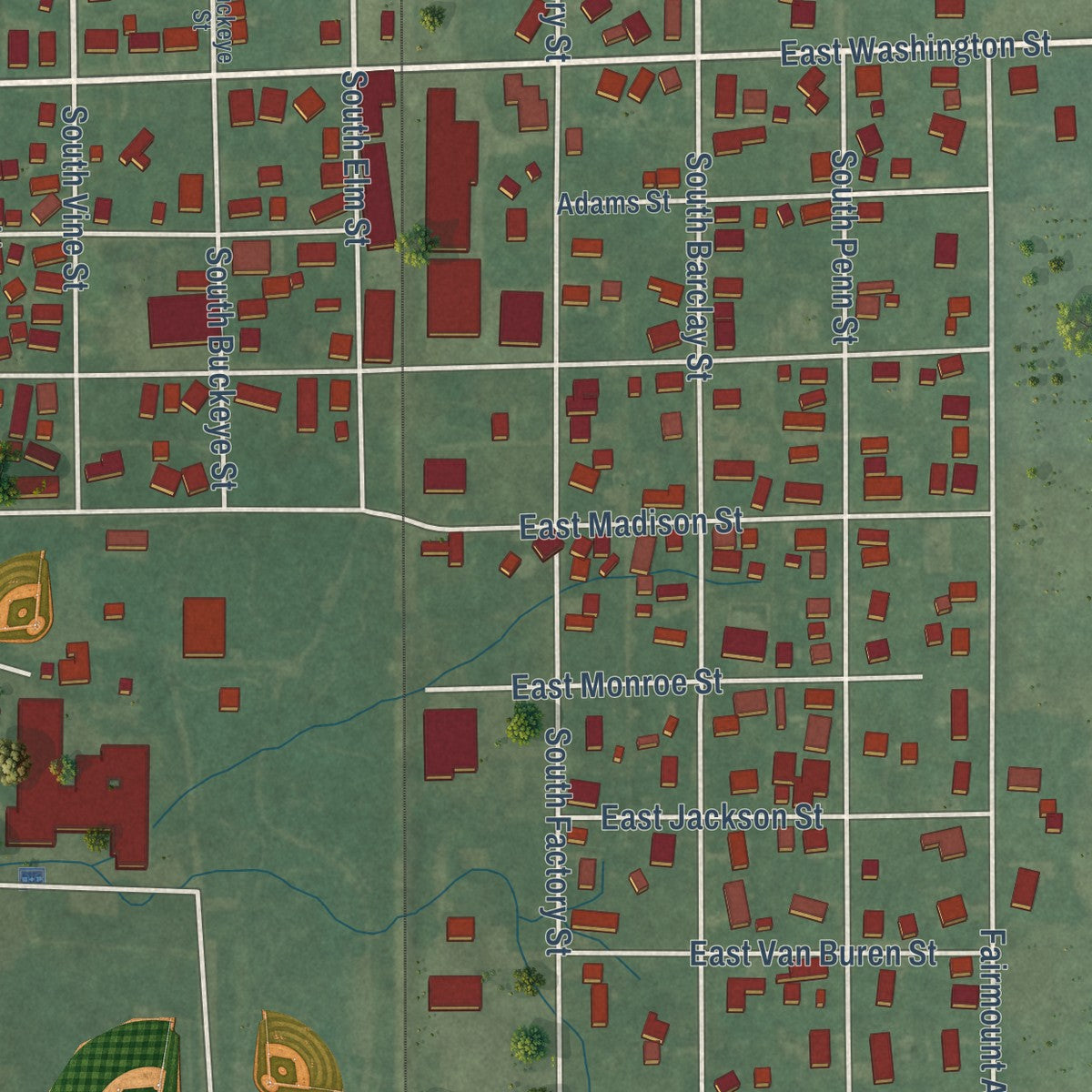 Second close-up of the map of Fairmount, Indiana print showing more streets and buildings