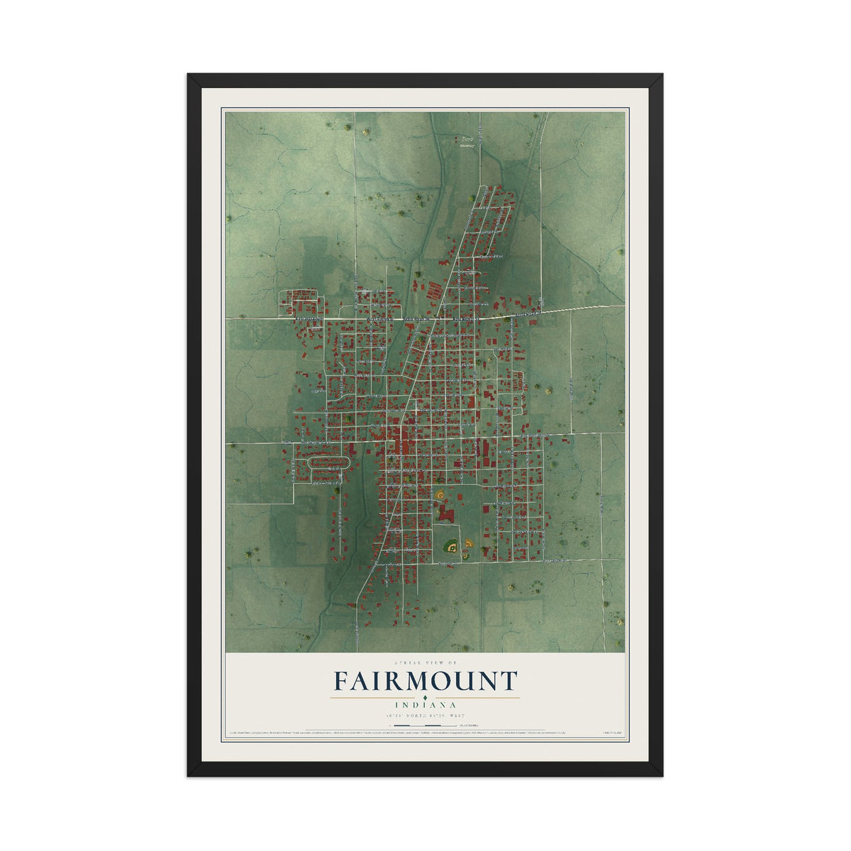 Map of Fairmount, Indiana, 12 x 18 inch print in a black wood frame