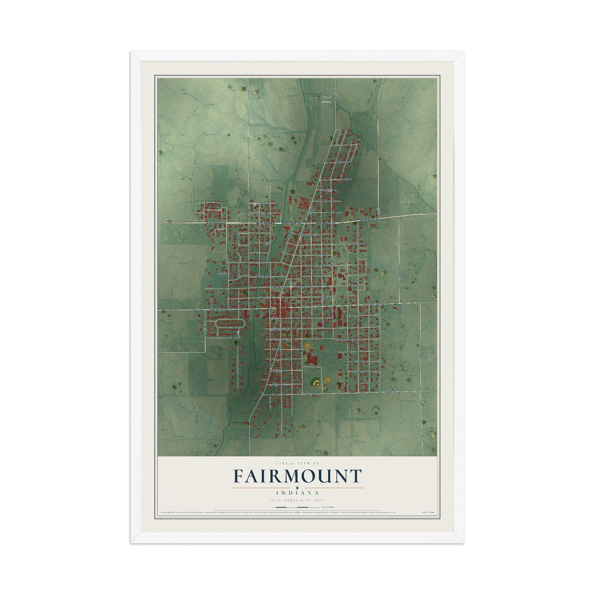 Map of Fairmount, Indiana, 12 x 18 inch print in a white wood frame