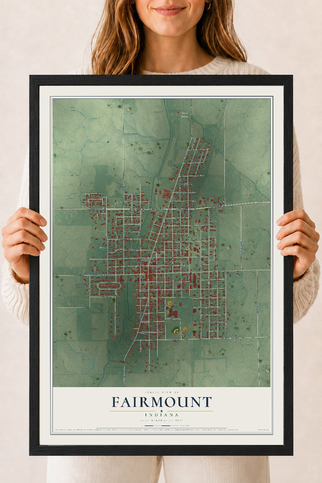 Map of Fairmount, Indiana, 18 x 24 inch print in a black wood frame