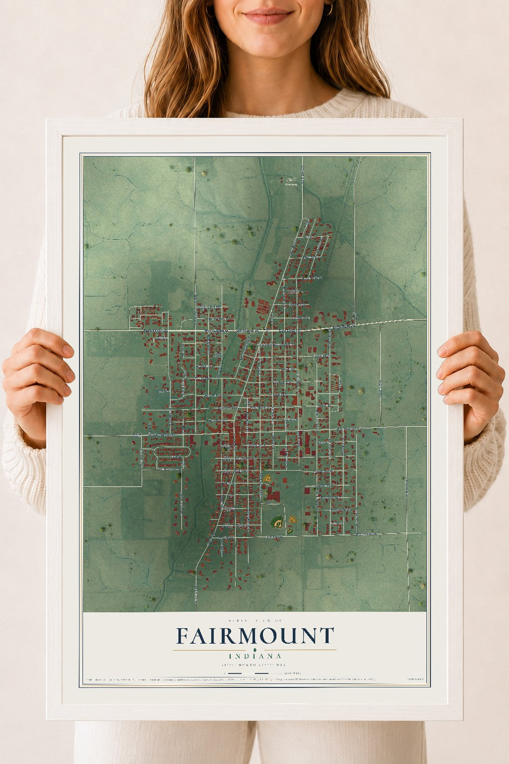 Map of Fairmount, Indiana, 18 x 24 inch print in a white wood frame