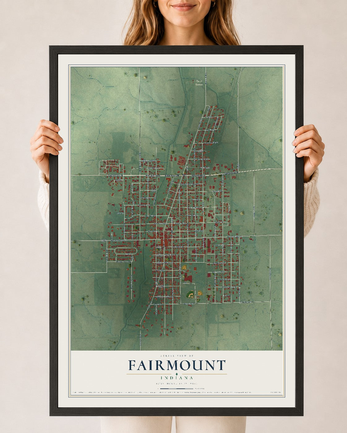 Map of Fairmount, Indiana, 24 x 36 inch print in a black wood frame