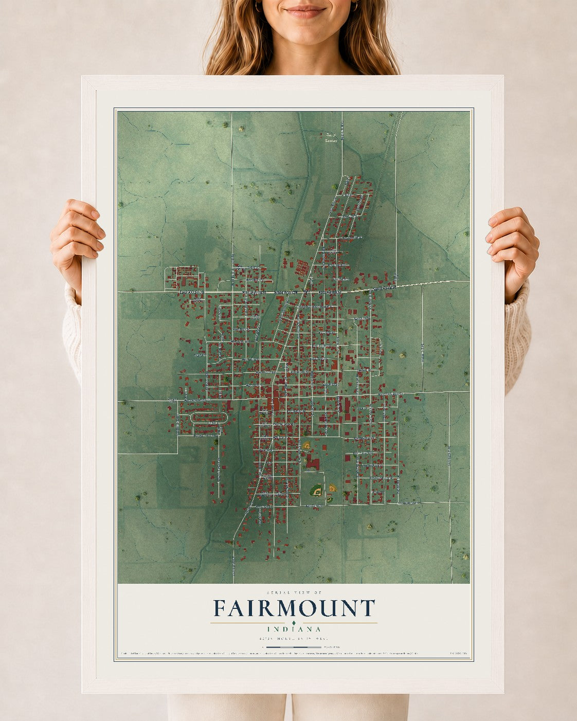 Map of Fairmount, Indiana, 24 x 36 inch print in a white wood frame