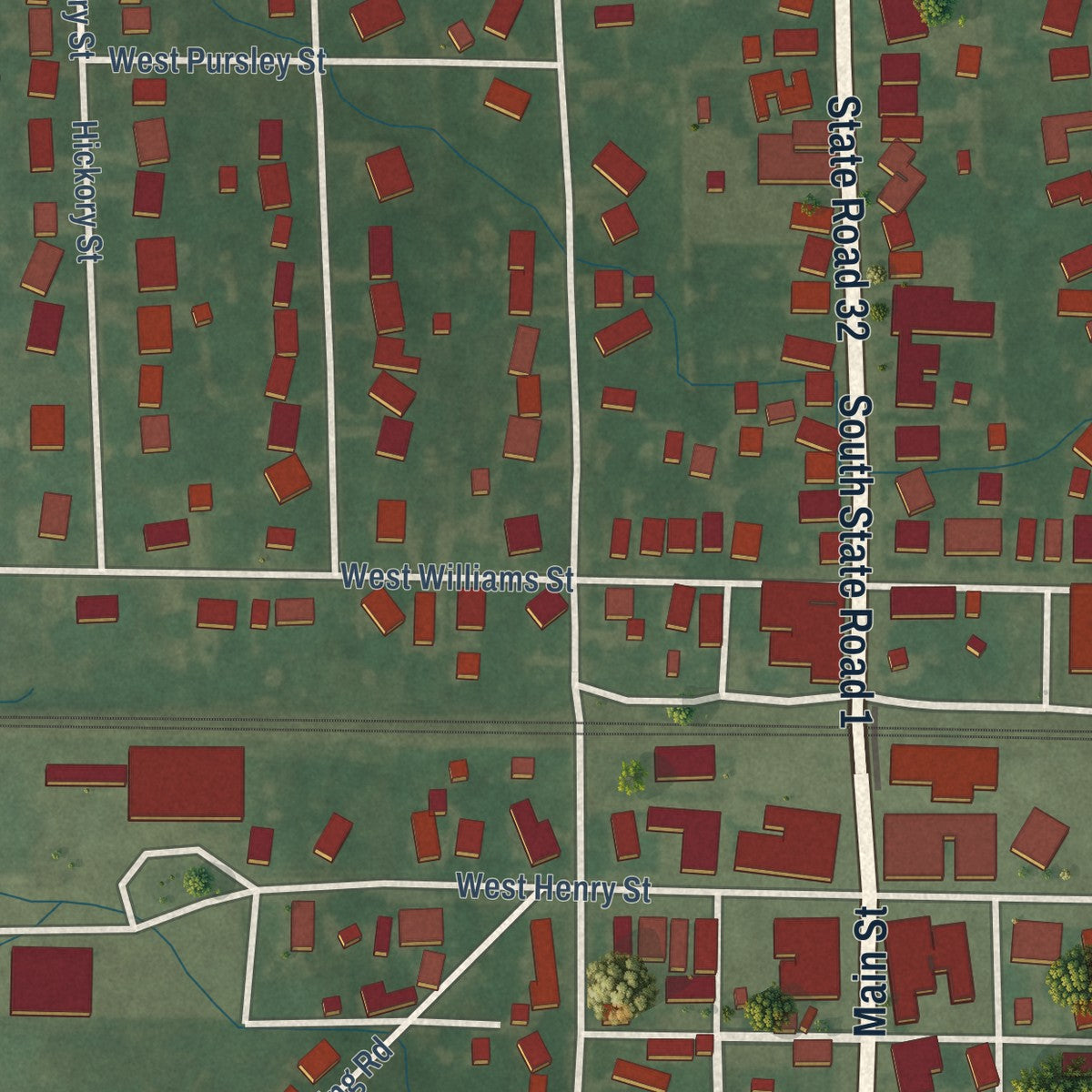 Close-up of the map of Farmland, Indiana print showing street and building detail