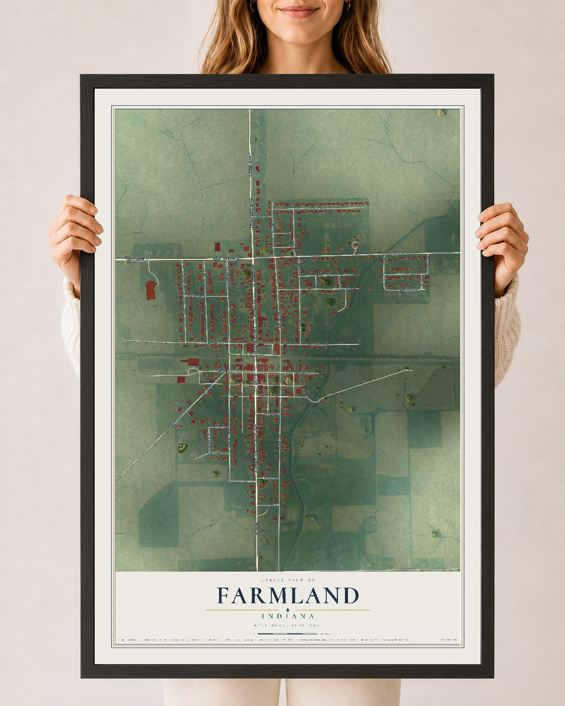 Map of Farmland, Indiana, 24 x 36 inch print in a black wood frame