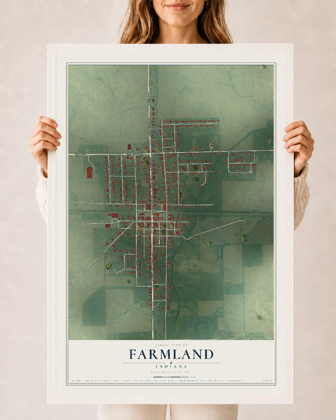 Map of Farmland, Indiana, 24 x 36 inch print in a white wood frame