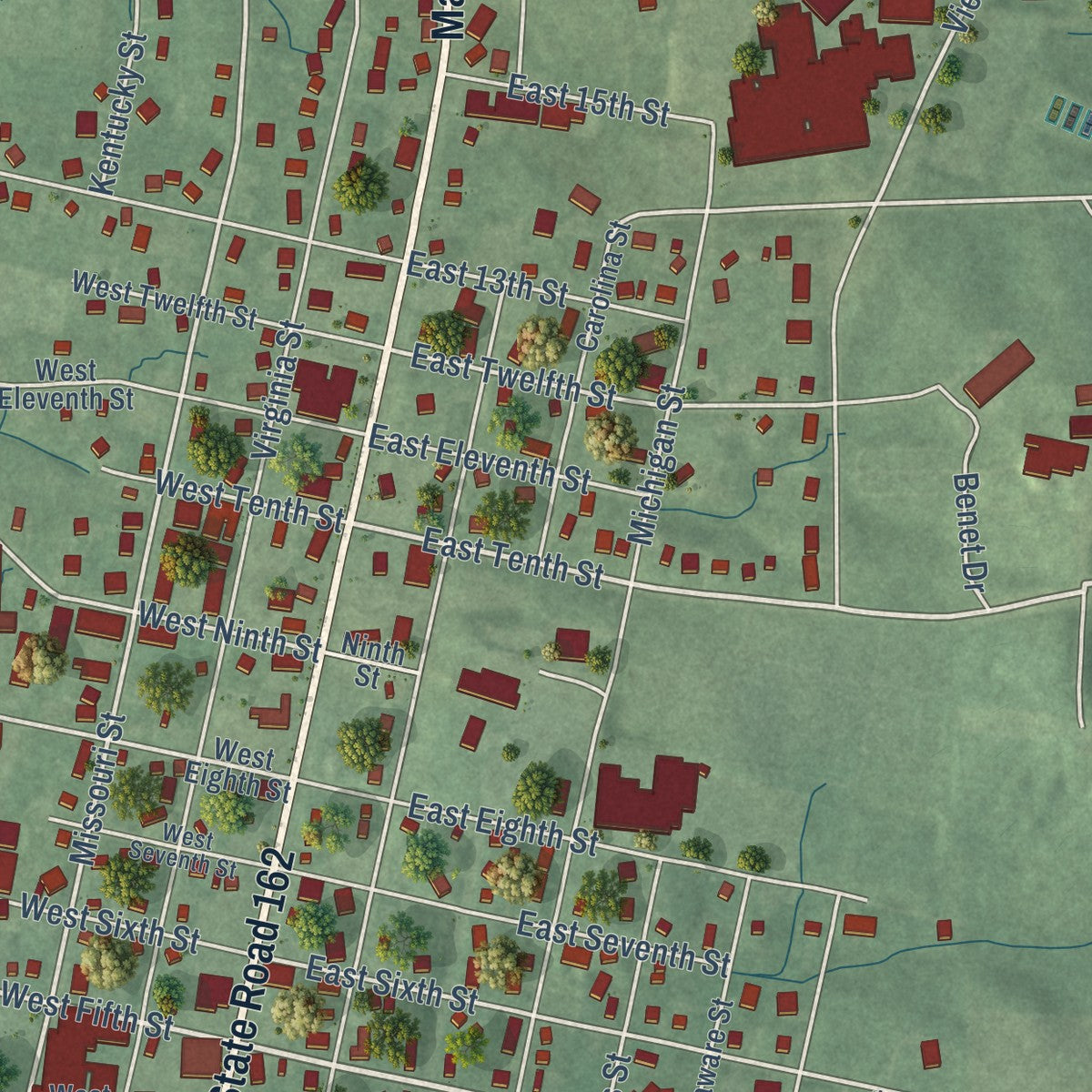 Close-up of the map of Ferdinand, Indiana print showing street and building detail