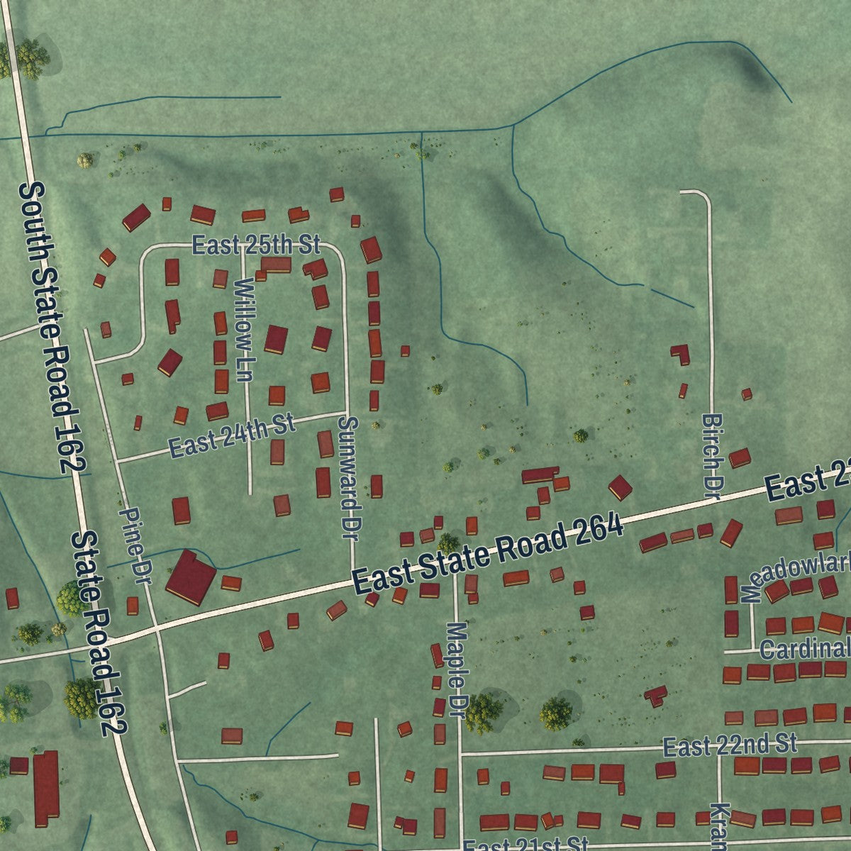 Second close-up of the map of Ferdinand, Indiana print showing more streets and buildings