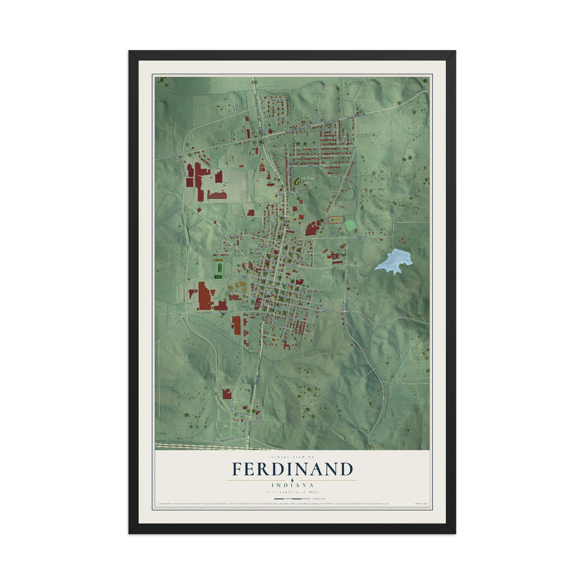 Map of Ferdinand, Indiana, 12 x 18 inch print in a black wood frame
