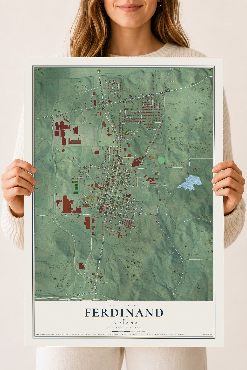 Map of Ferdinand, Indiana, 18 x 24 inch unframed archival matte print