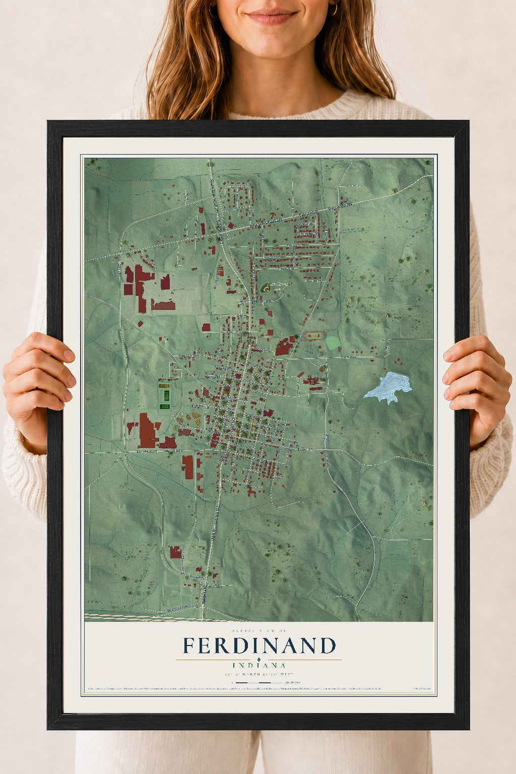 Map of Ferdinand, Indiana, 18 x 24 inch print in a black wood frame