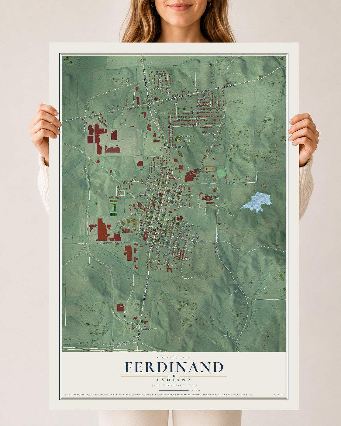 Map of Ferdinand, Indiana, 24 x 36 inch unframed archival matte print