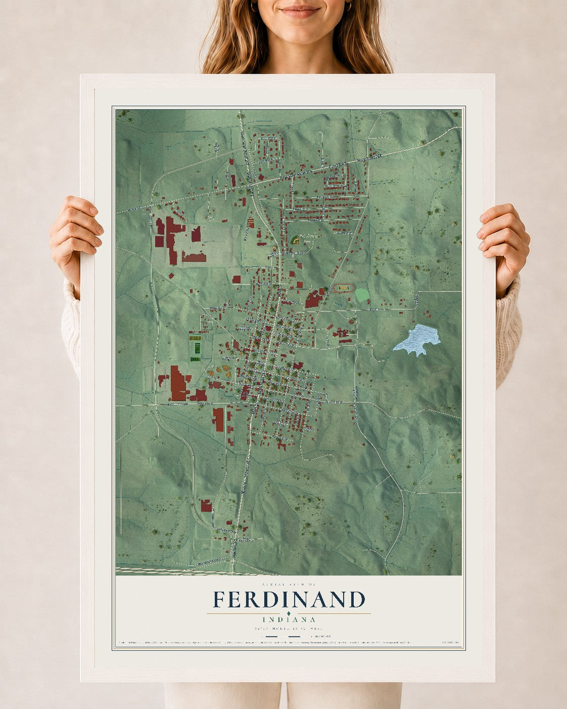 Map of Ferdinand, Indiana, 24 x 36 inch print in a white wood frame