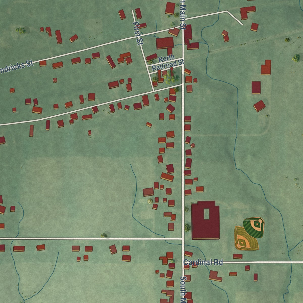 Close-up of the map of Fillmore, Indiana print showing street and building detail