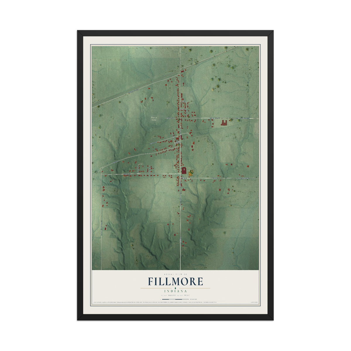Map of Fillmore, Indiana, 12 x 18 inch print in a black wood frame