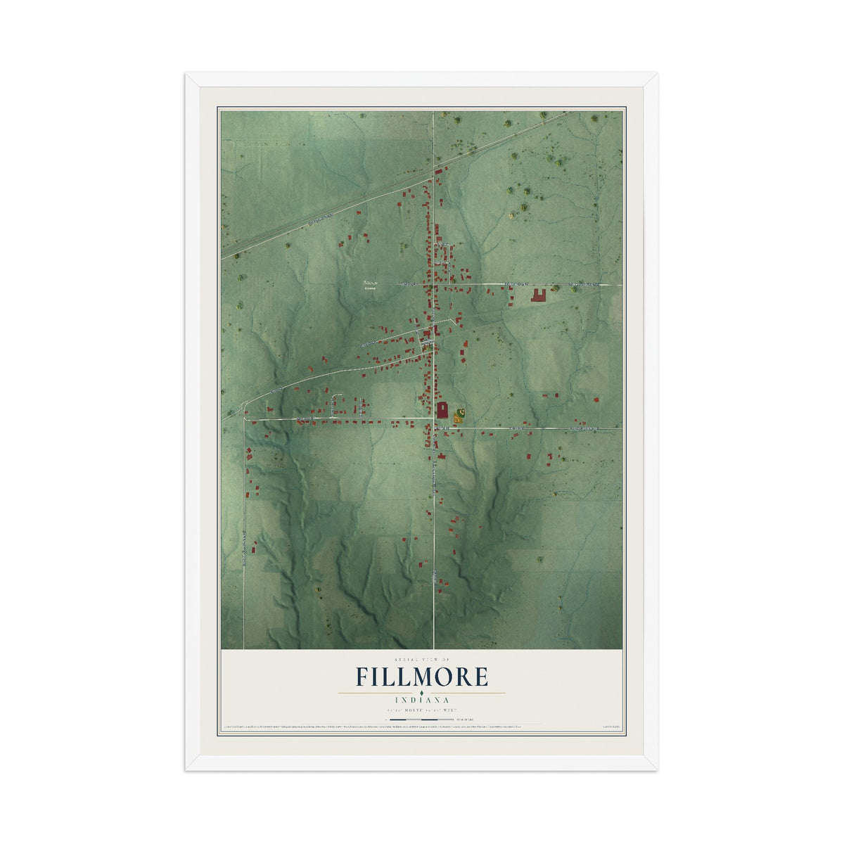 Map of Fillmore, Indiana, 12 x 18 inch print in a white wood frame