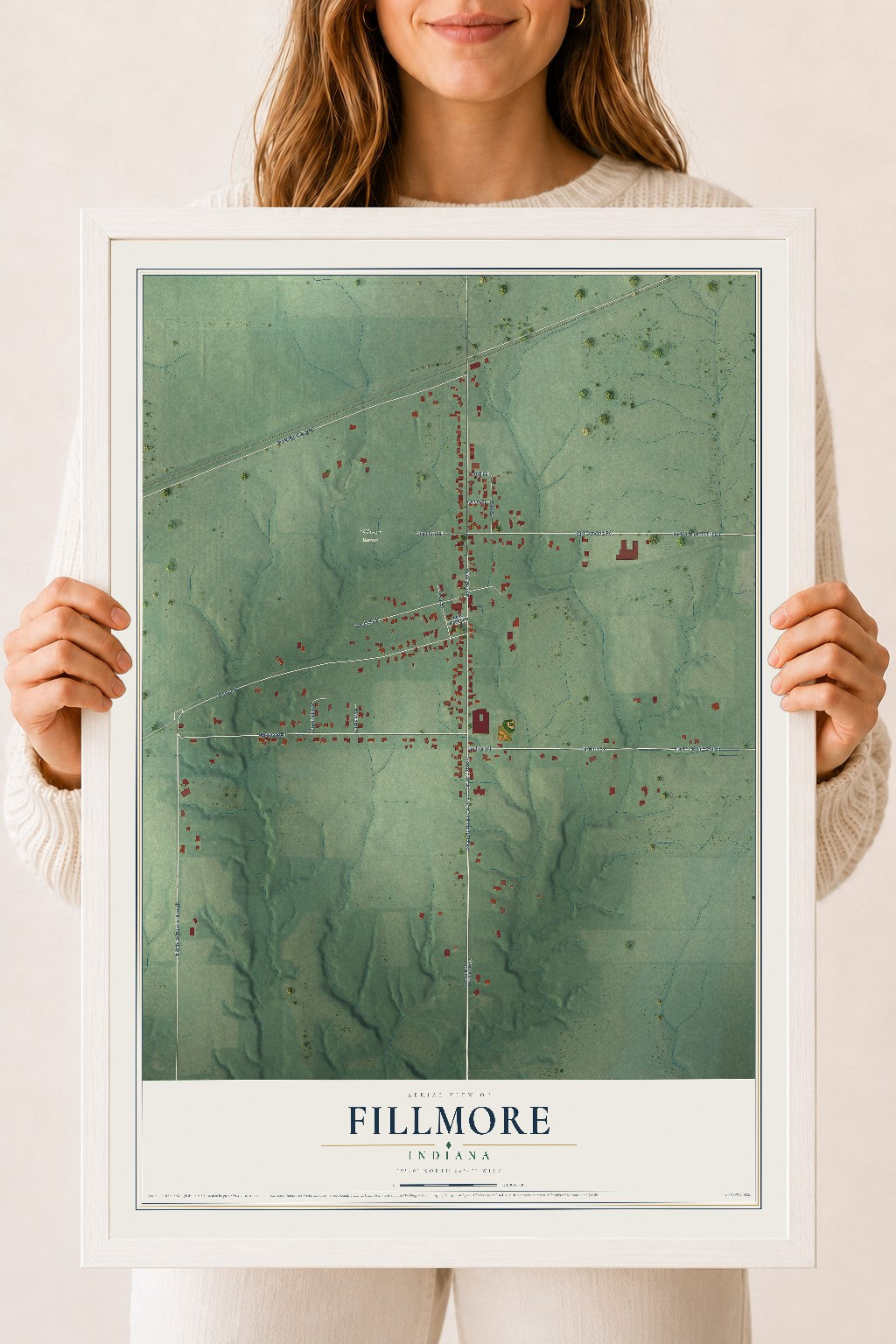 Map of Fillmore, Indiana, 18 x 24 inch print in a white wood frame
