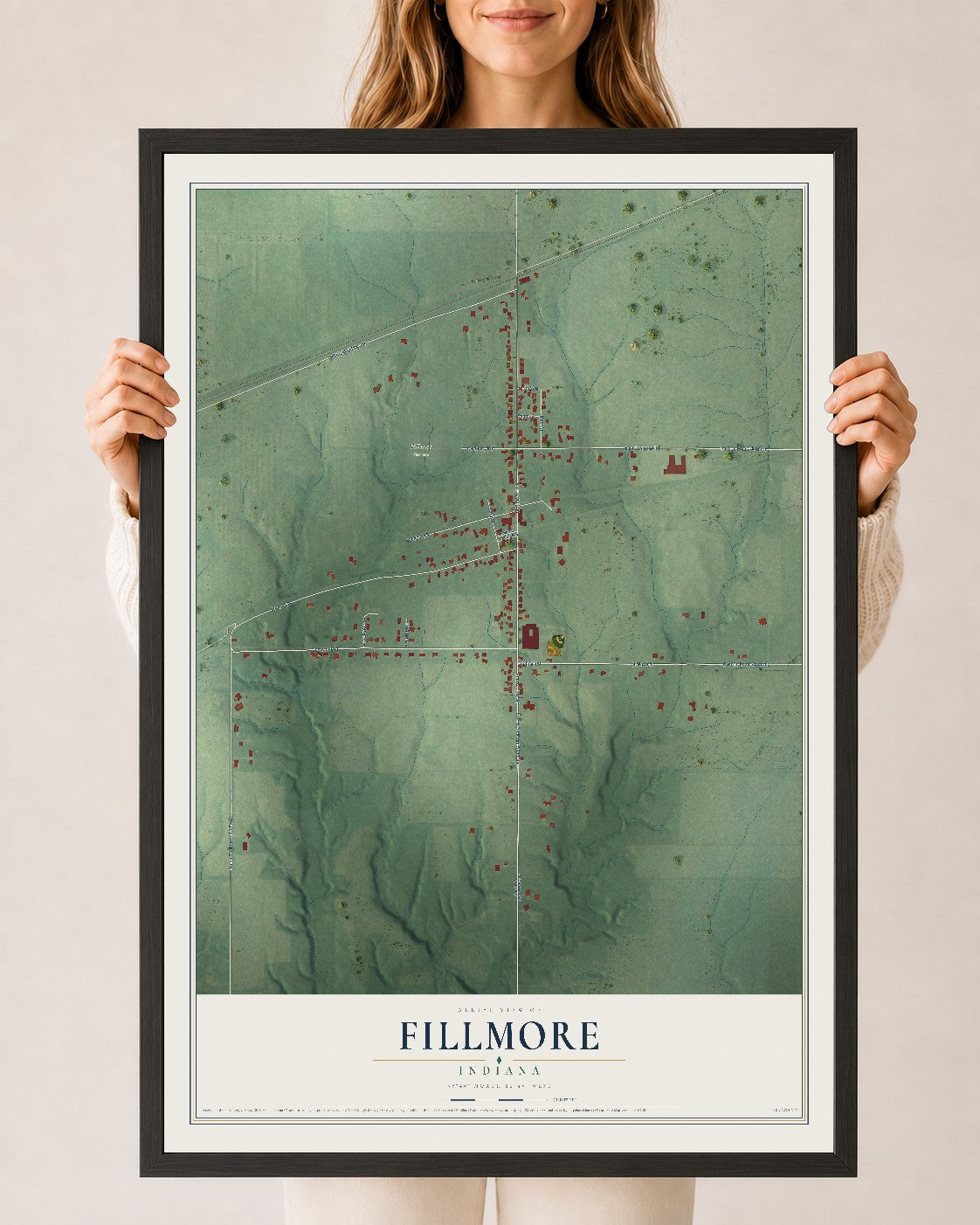 Map of Fillmore, Indiana, 24 x 36 inch print in a black wood frame