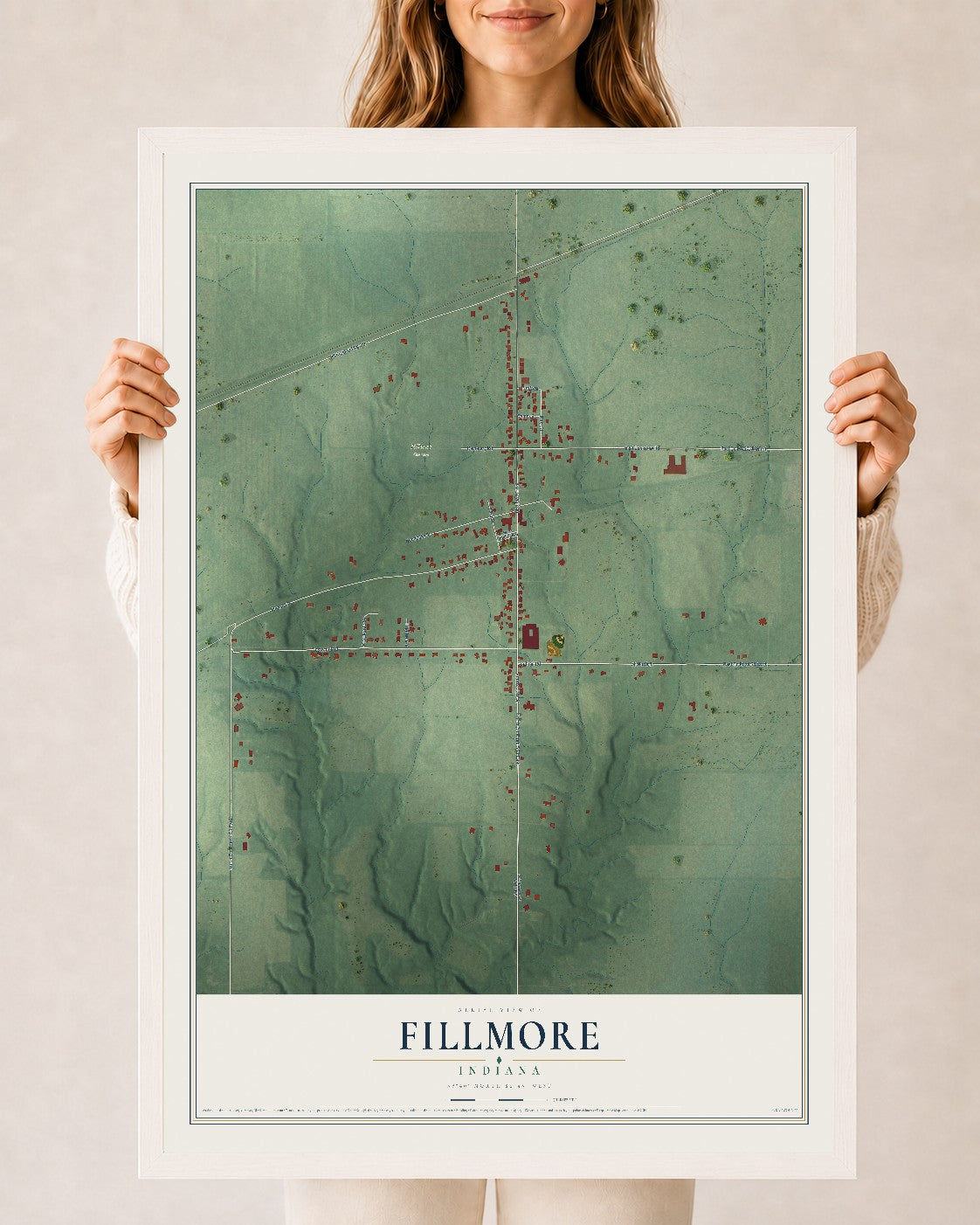 Map of Fillmore, Indiana, 24 x 36 inch print in a white wood frame