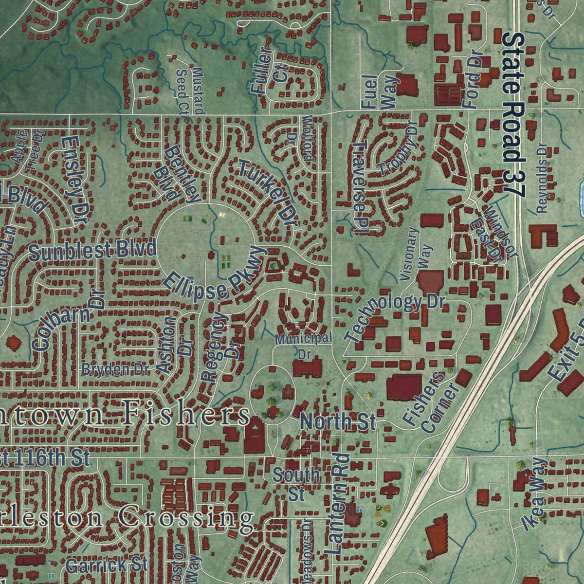 Close-up of the map of Fishers, Indiana print showing street and building detail