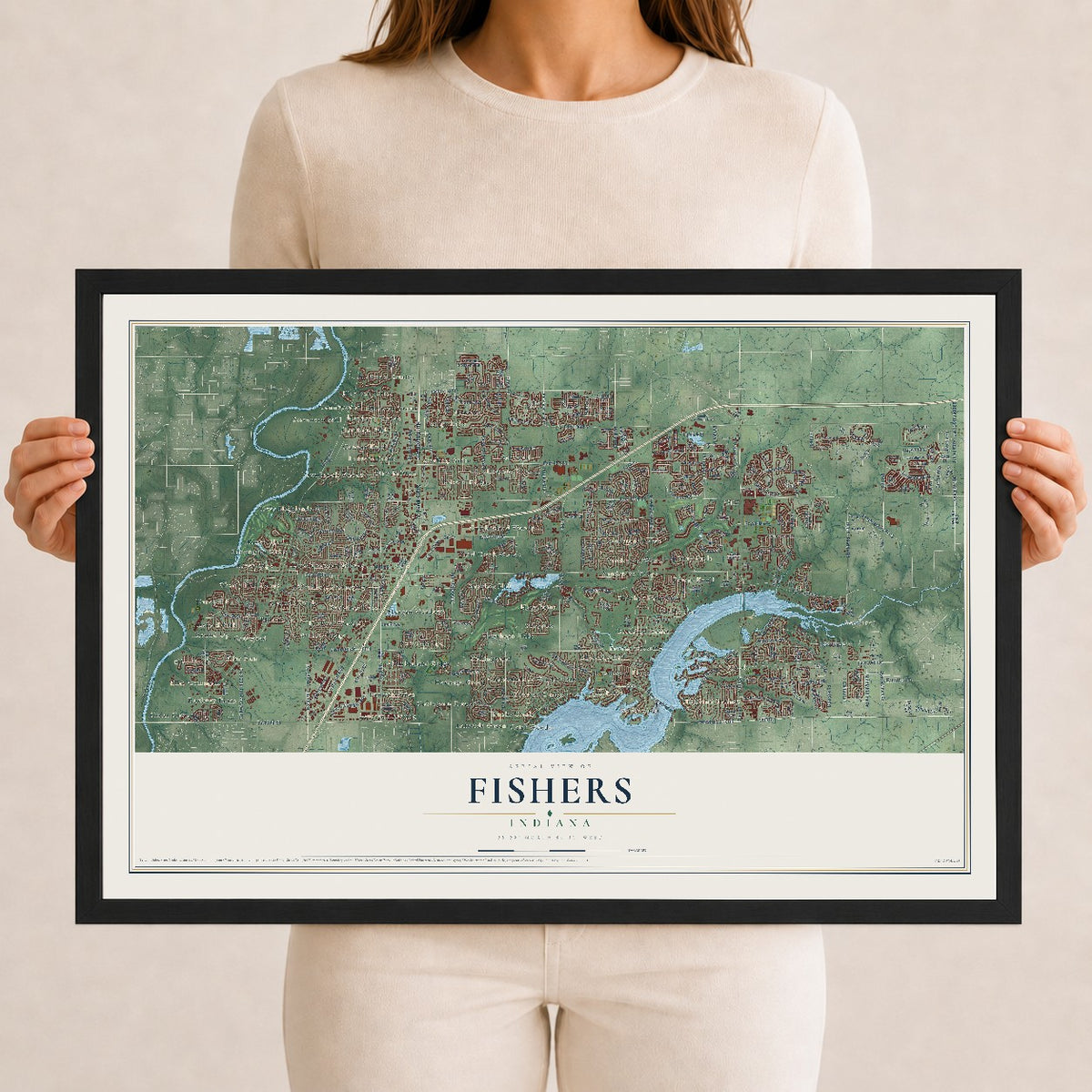 Map of Fishers, Indiana, 12 x 18 inch print in a black wood frame