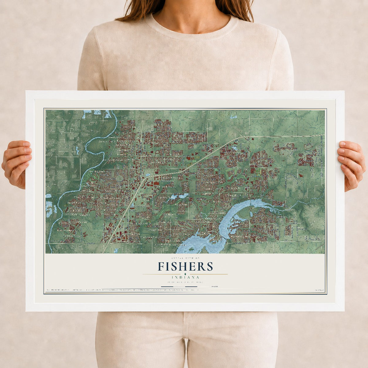 Map of Fishers, Indiana, 12 x 18 inch print in a white wood frame