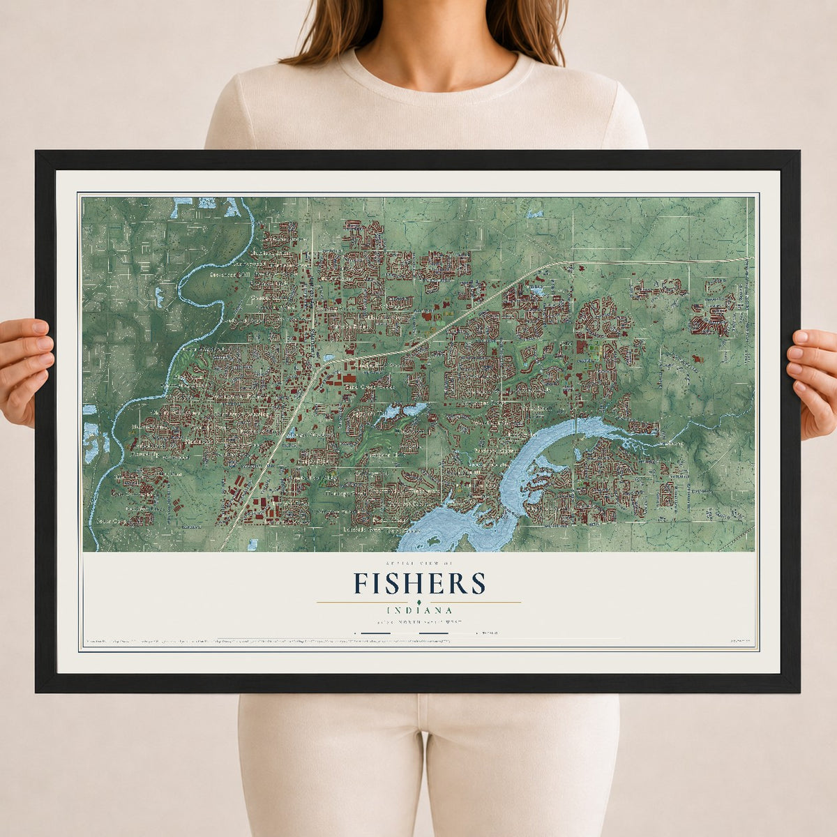 Map of Fishers, Indiana, 18 x 24 inch print in a black wood frame