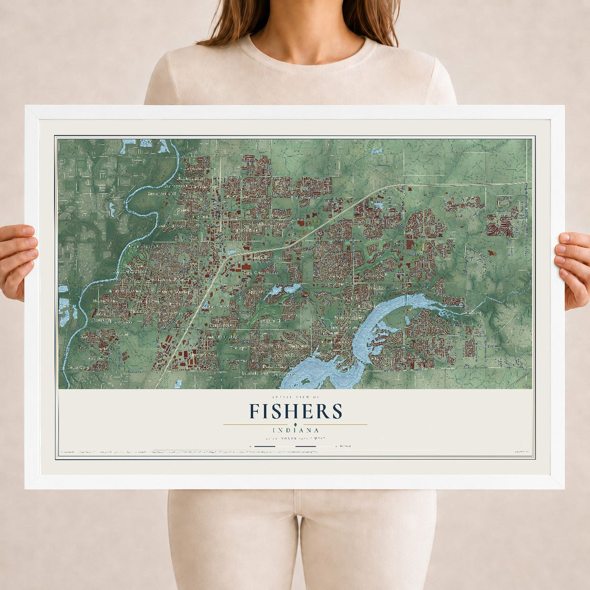 Map of Fishers, Indiana, 18 x 24 inch print in a white wood frame