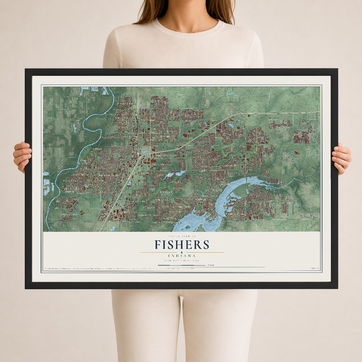 Map of Fishers, Indiana, 24 x 36 inch print in a black wood frame
