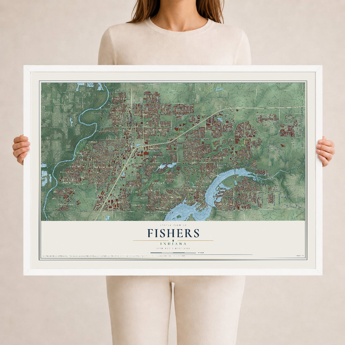 Map of Fishers, Indiana, 24 x 36 inch print in a white wood frame