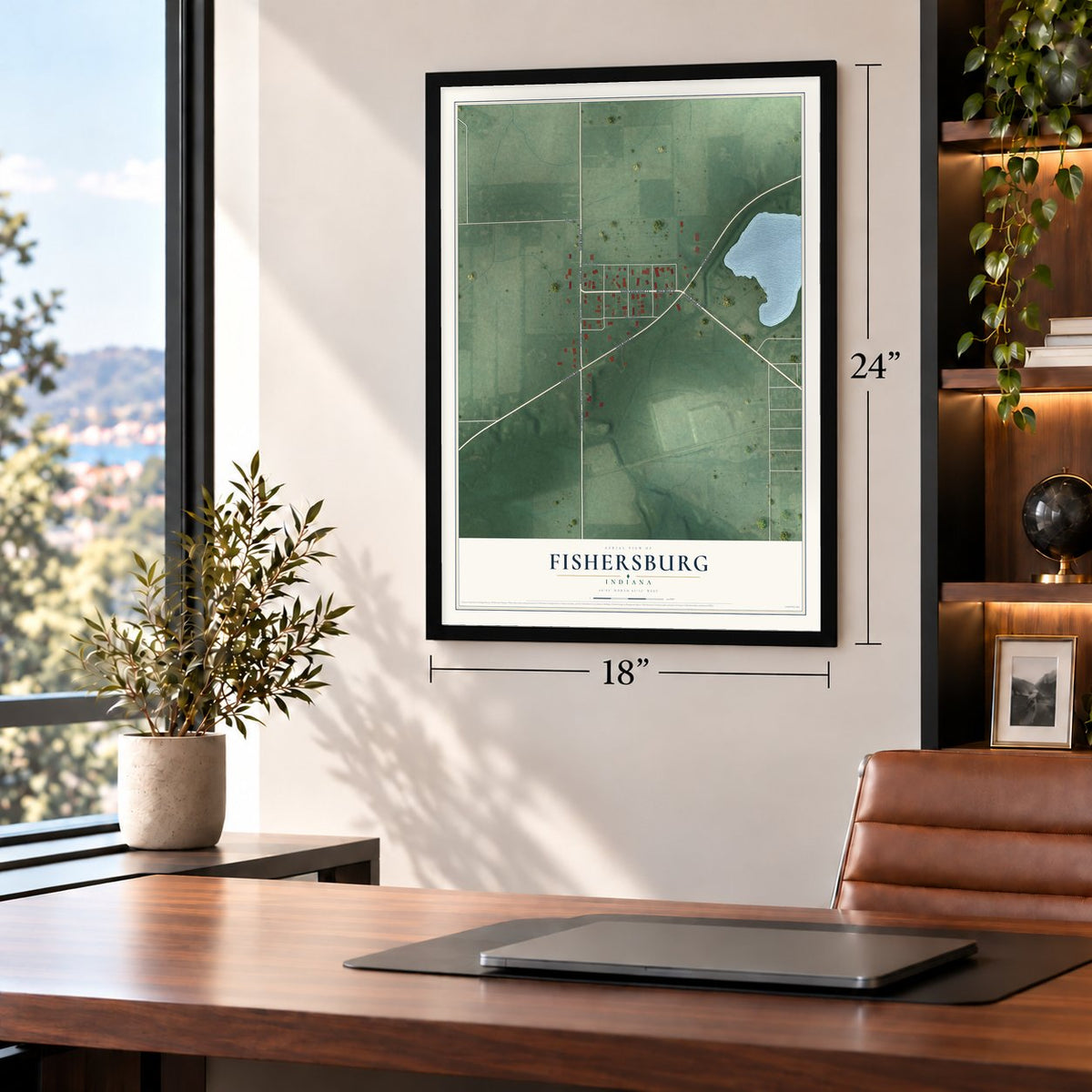 Fishersburg, Indiana map, 18 x 24 inch print in a black frame in a home office