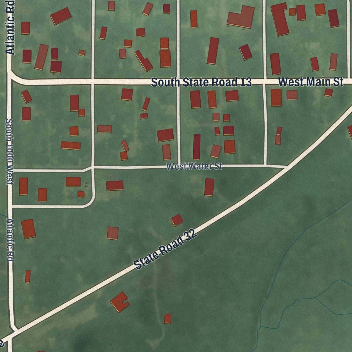 Close-up of the map of Fishersburg, Indiana print showing street and building detail