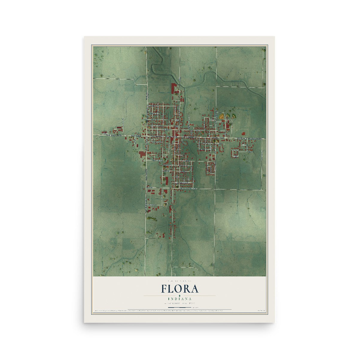 Map of Flora, Indiana, 12 x 18 inch unframed archival matte print
