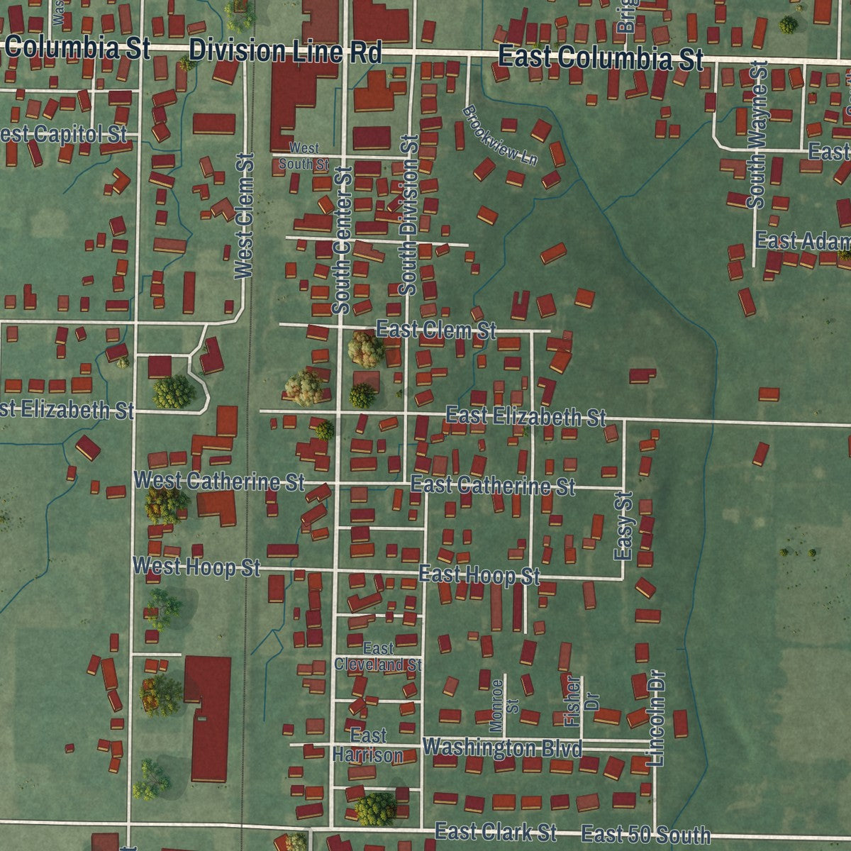 Close-up of the map of Flora, Indiana print showing street and building detail