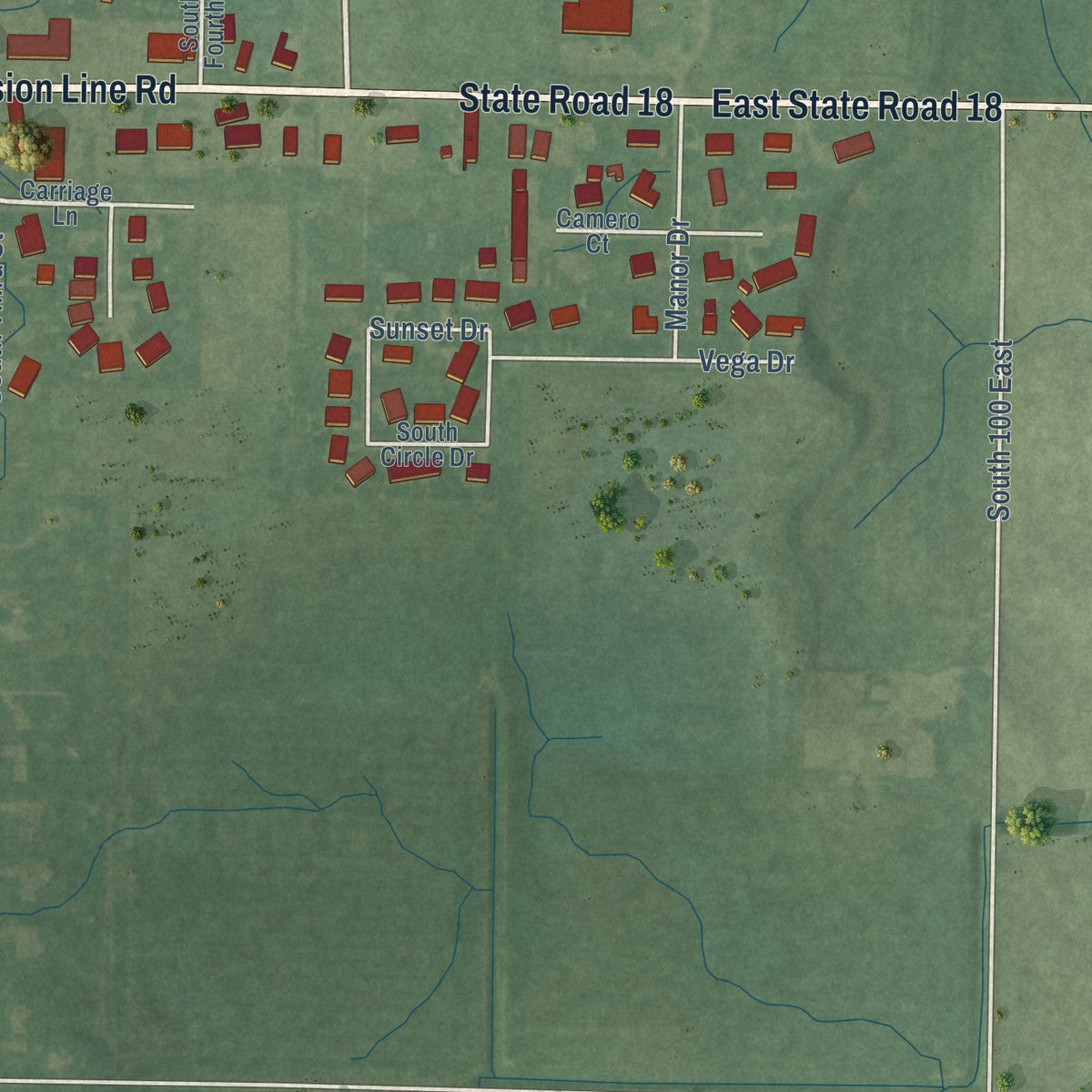 Second close-up of the map of Flora, Indiana print showing more streets and buildings