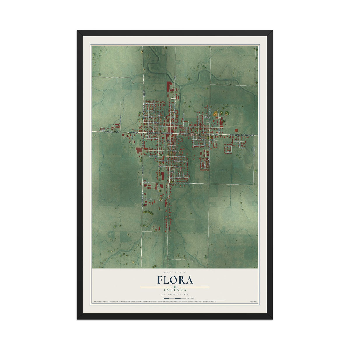 Map of Flora, Indiana, 12 x 18 inch print in a black wood frame