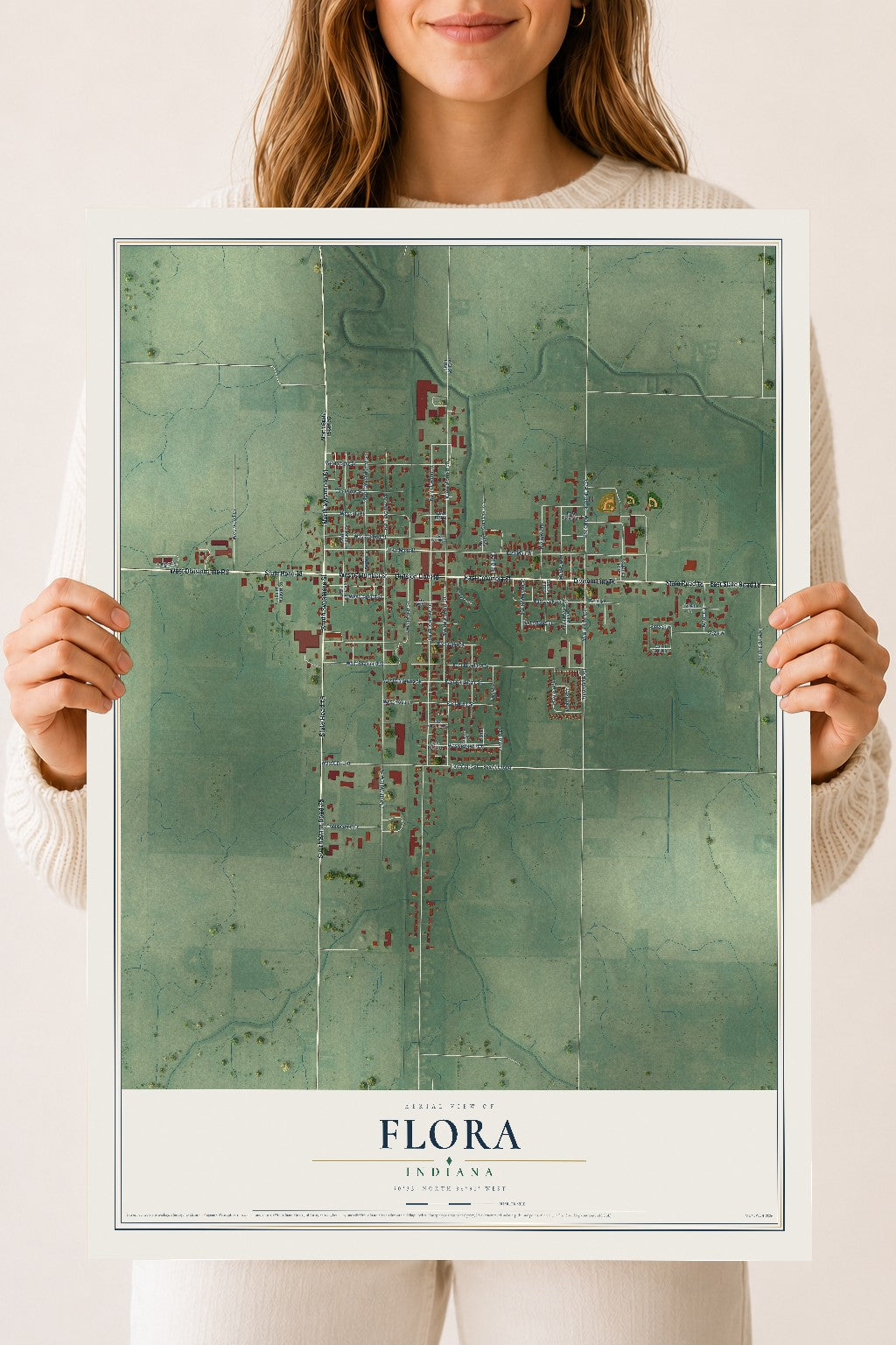 Map of Flora, Indiana, 18 x 24 inch unframed archival matte print